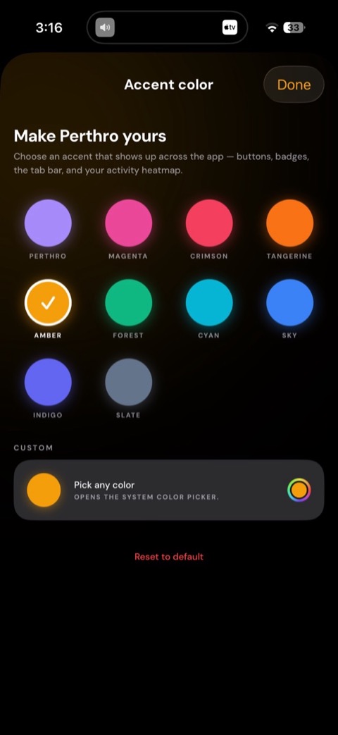 A theme picker showing nine accent colors and a custom color picker.