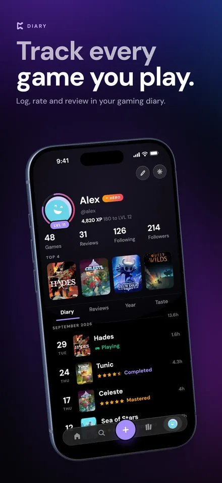 Perthro App Store screenshot: Track every game you play, with a gaming diary on your profile