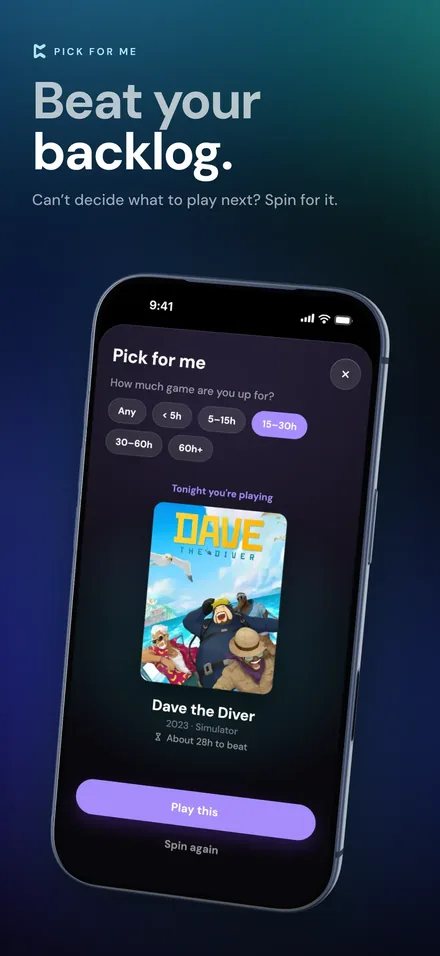 Perthro App Store screenshot: Pick for me suggests what to play from your backlog