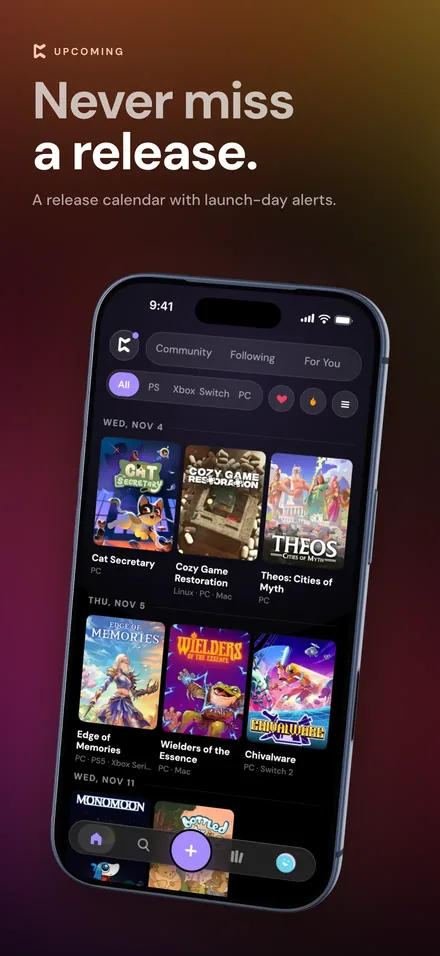Perthro App Store screenshot: a release calendar with launch-day alerts
