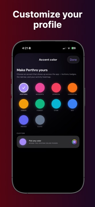 Perthro accent color picker for customizing the app's theme across buttons, badges, and the tab bar.