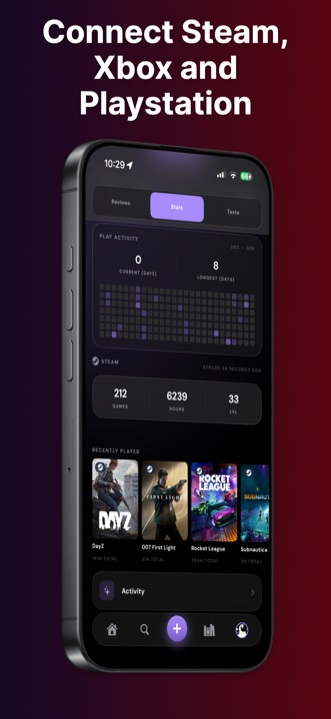 Perthro activity screen with Steam, Xbox, and PlayStation libraries connected — connect your platforms to import games, hours, and stats.