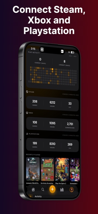 Perthro activity screen with Steam, Xbox, and PlayStation libraries connected, showing games, hours, and achievements.