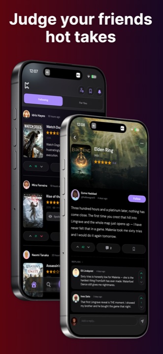 Perthro social feed showing friends' game reviews, ratings, and hot takes.