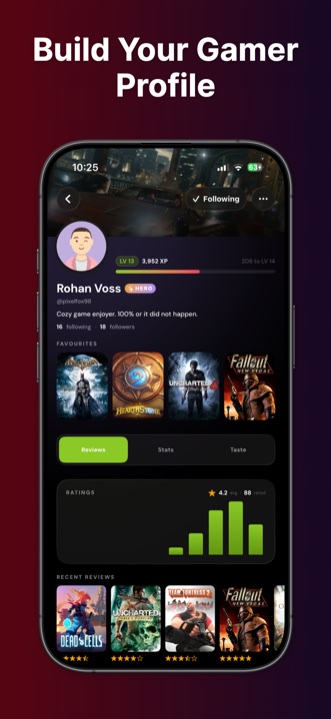 Perthro gamer profile showing level, XP, favourite games, a ratings histogram, and recent reviews — build your gamer profile.