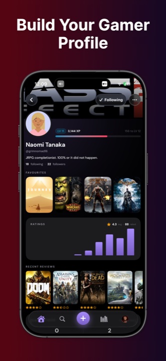 Perthro gamer profile showing level, XP, favourite games, a ratings histogram, and recent reviews.