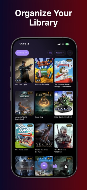 Perthro library screen with a grid of game covers organized into Reviews, Backlog, Wishlist, and Lists — organize your library.