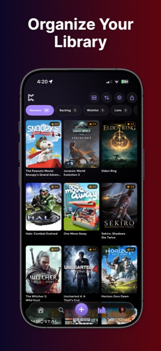 Perthro library screen with a grid of game covers organized into Reviews, Backlog, Wishlist, and Lists.