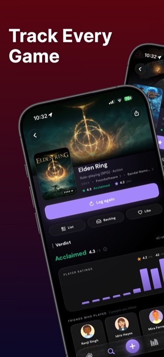 Perthro game detail screen for Elden Ring with its rating, verdict, and community ratings — track every game you play.
