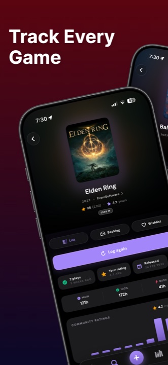 Perthro game detail screen for Elden Ring showing rating, plays, hours, and community ratings — track every game you play.